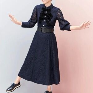 Halogen x Atlantic/Pacific Navy Lace Dress with Pearl & Black Bows (size 12)